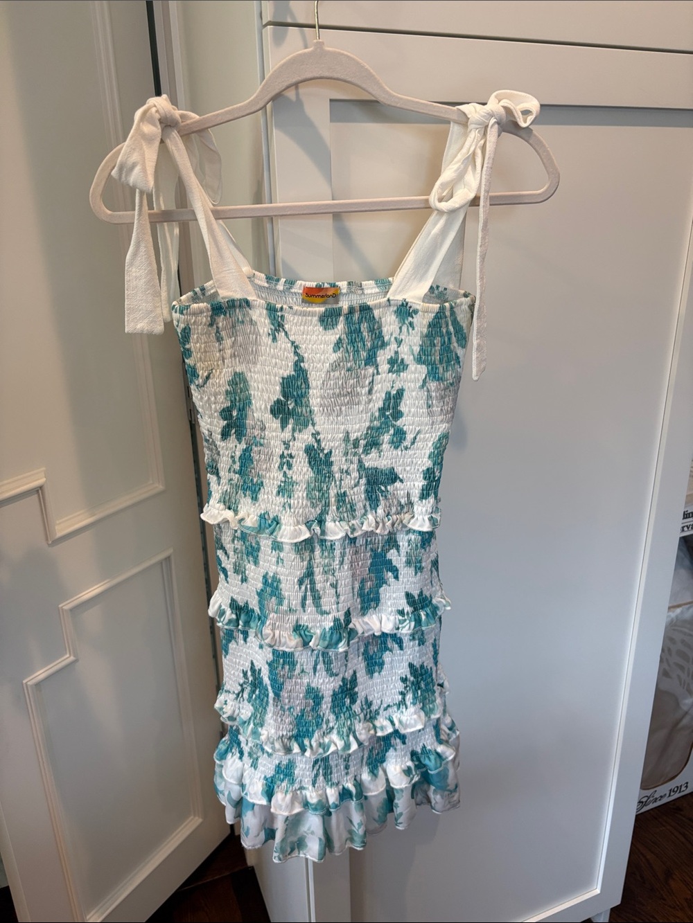 Smocked Tie-Shoulder Kids Dress in White with Teal Floral